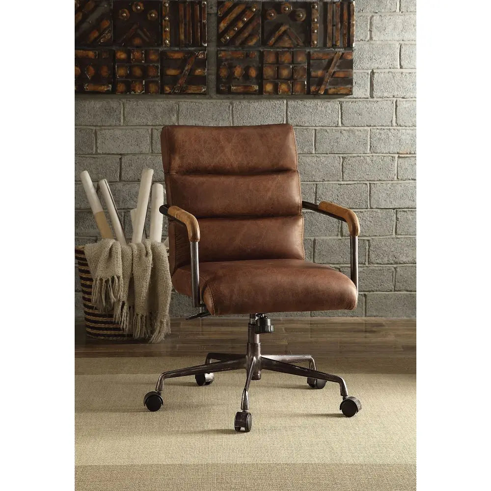 [Flash Sale]Harith Office Chair in Retro Brown / Antique Slate Top Grain Leather Swivel Seat with Adjustable Height[US-W]