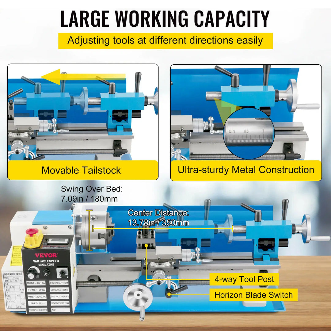 VEVOR Mini Metal Lathe Machine 7"x14" 550W 180x350mm Variable Speed with 3 Jaw Chuck for Metalworking Turning Drilling Threading