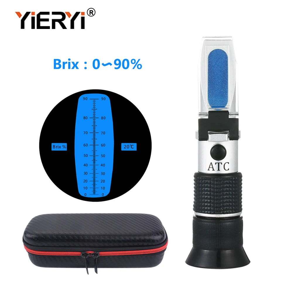 Yieryi Portable 0-90% Brix Refractometer Sugar Concentration Meter ATC for Fruit Juice Food Drink Honey with Plastic&amp;Leather Box