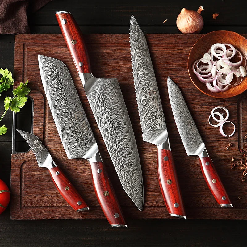 YARENH Chef Professional Knife Block Set Kitchen Knife Damascus Stainless Santoku Bread Utility Paring Knife Set Rosewood Handle