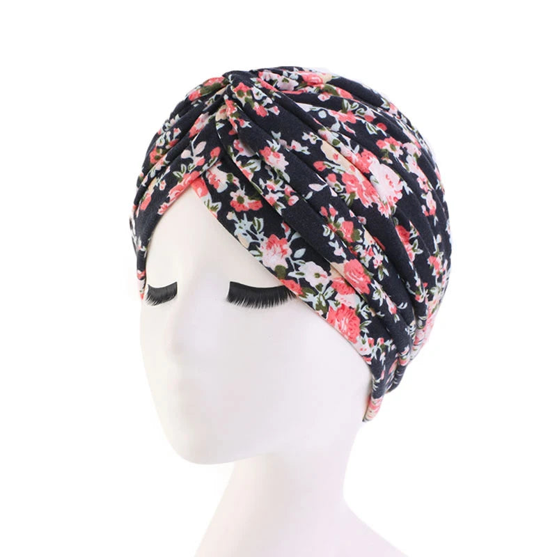 Women Floral Printed Knotted Flower Turban Muslim Headscarf Cotton Twist Knot India Hat Chemo Cap Bandanas Hair Accessories