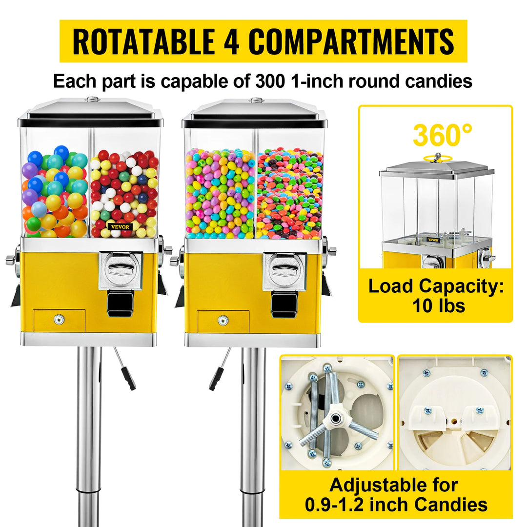 VEVOR Gumball Machine with Stand Quarter Candy Dispenser Rotatable Four Compartments Square Vending Machine Adjustable Wheels