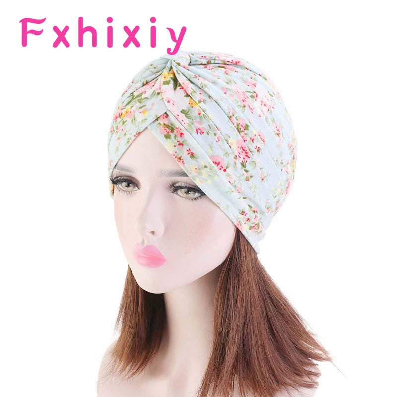 Women Floral Printed Knotted Flower Turban Muslim Headscarf Cotton Twist Knot India Hat Chemo Cap Bandanas Hair Accessories