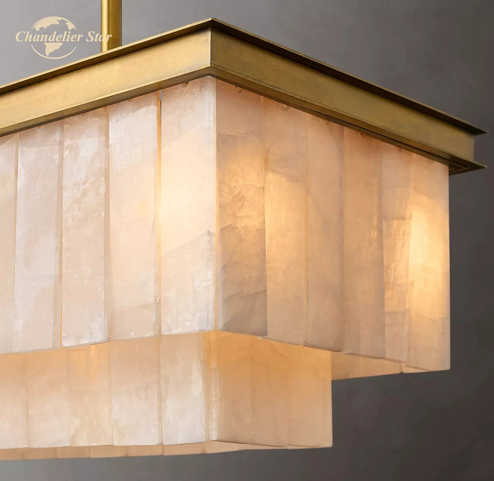 Glace Calcite Rectangular Chandeliers Modern Retro LED Marble Stone Metal 2 Tiers Lamps Lustre Dining Room Living Room Lights