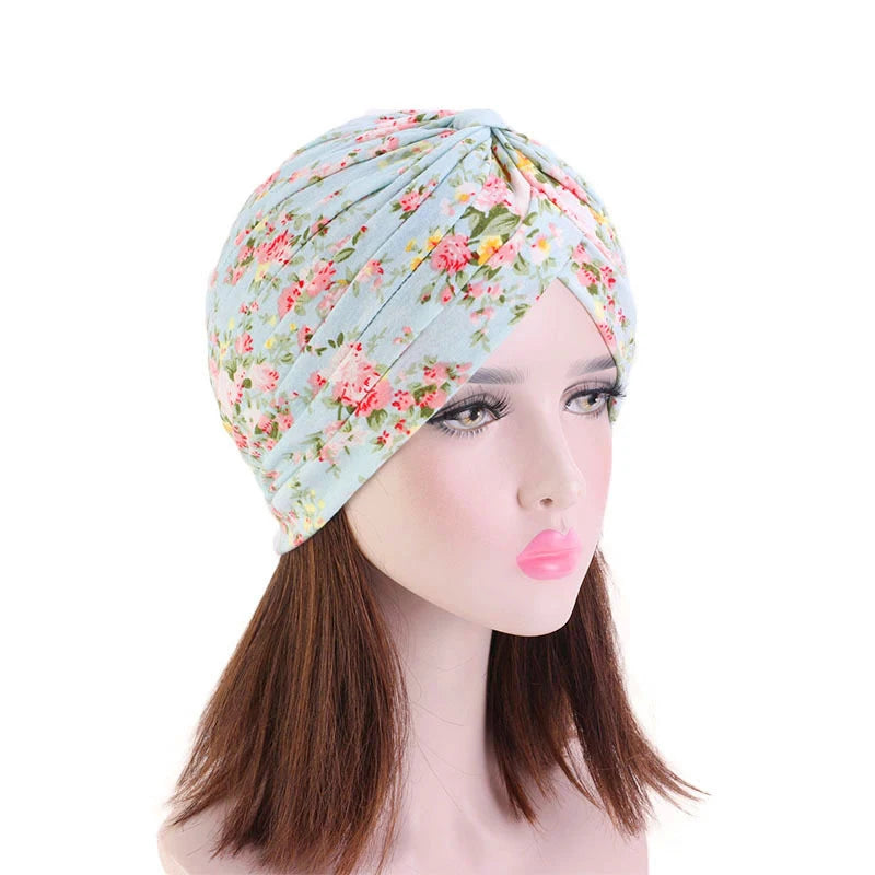 Women Floral Printed Knotted Flower Turban Muslim Headscarf Cotton Twist Knot India Hat Chemo Cap Bandanas Hair Accessories