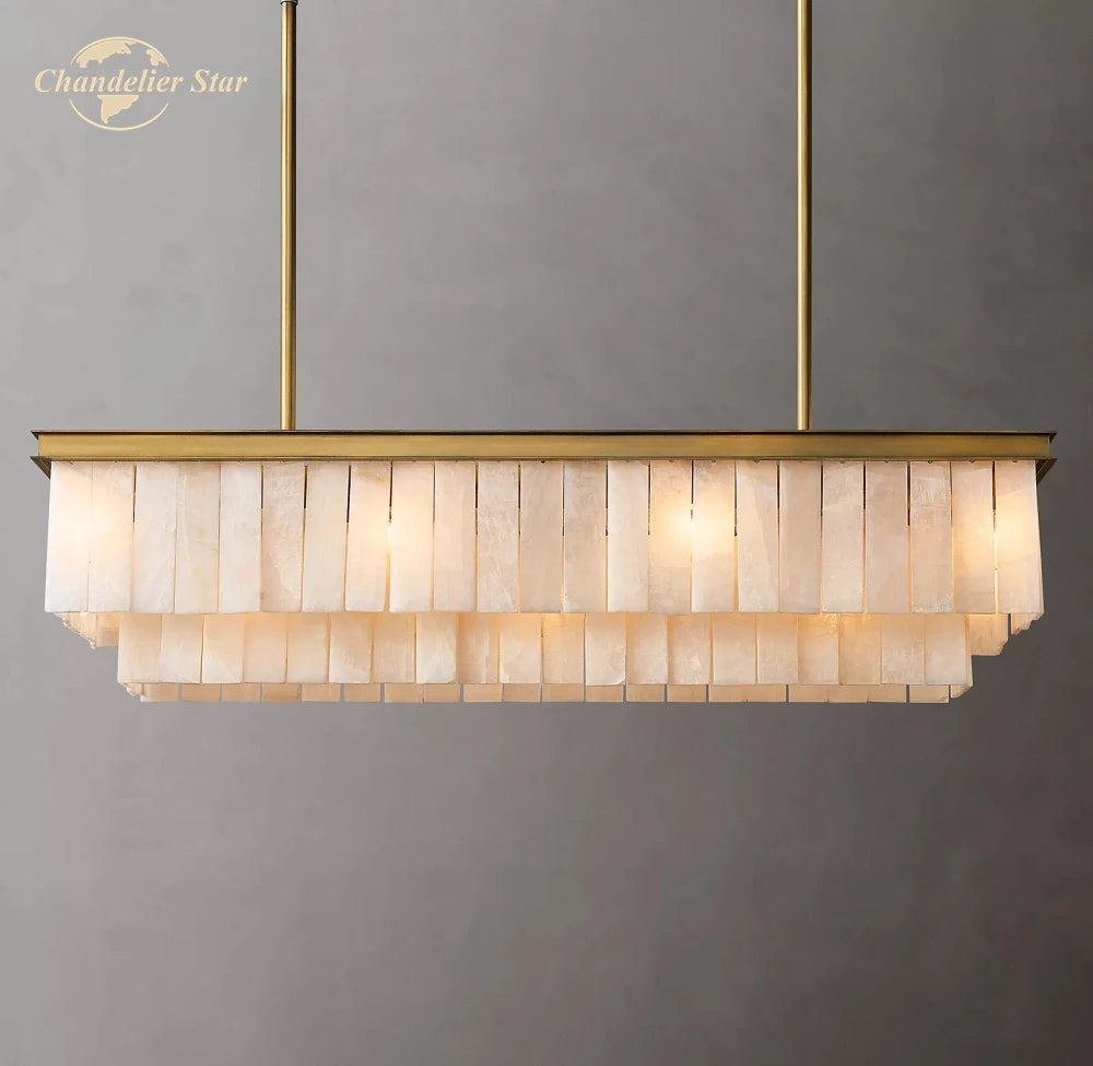 Glace Calcite Rectangular Chandeliers Modern Retro LED Marble Stone Metal 2 Tiers Lamps Lustre Dining Room Living Room Lights