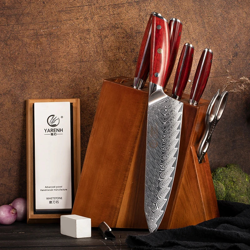 YARENH Chef Professional Knife Block Set Kitchen Knife Damascus Stainless Santoku Bread Utility Paring Knife Set Rosewood Handle