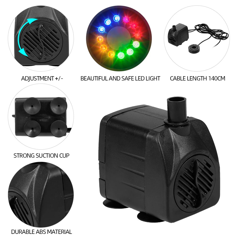 10W/15W Ultra-Quiet Submersible Water Fountain Pump Filter Fish Pond Aquarium Water Pump Tank Fountain with 12 LED Light