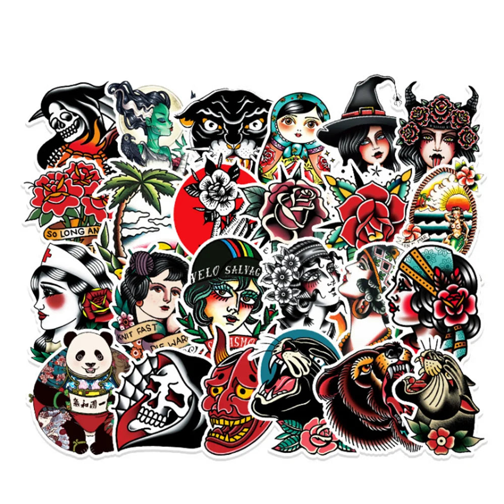 10/30/50PCS Tattoo Rose Skull Pattern Graffiti Hand Account Notebook Luggage Decoration Waterproof Stickers Wholesale