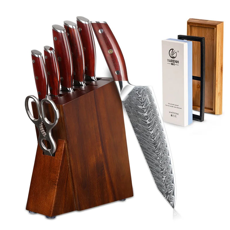 YARENH Chef Professional Knife Block Set Kitchen Knife Damascus Stainless Santoku Bread Utility Paring Knife Set Rosewood Handle