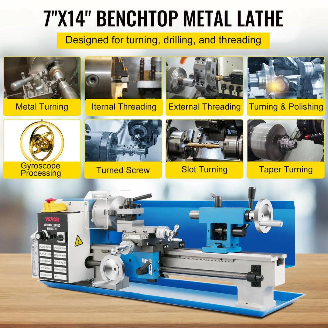 VEVOR Mini Metal Lathe Machine 7"x14" 550W 180x350mm Variable Speed with 3 Jaw Chuck for Metalworking Turning Drilling Threading