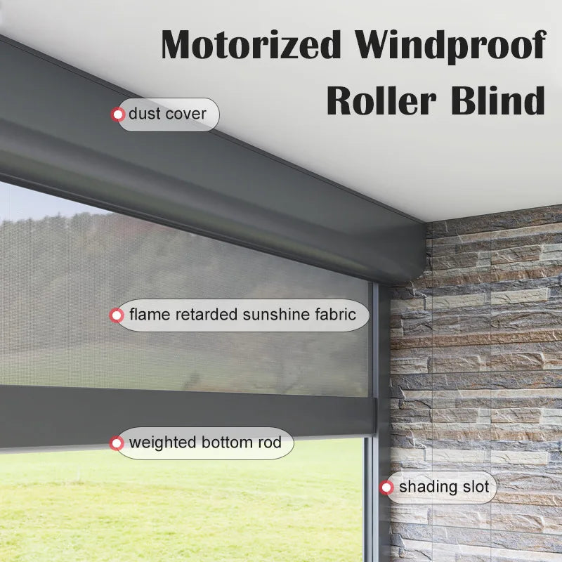 Waterproof Electric Roller Blinds with Cover, Remote Control, Outdoor Shades, Wind-Proof, Customized Size, New Arrival