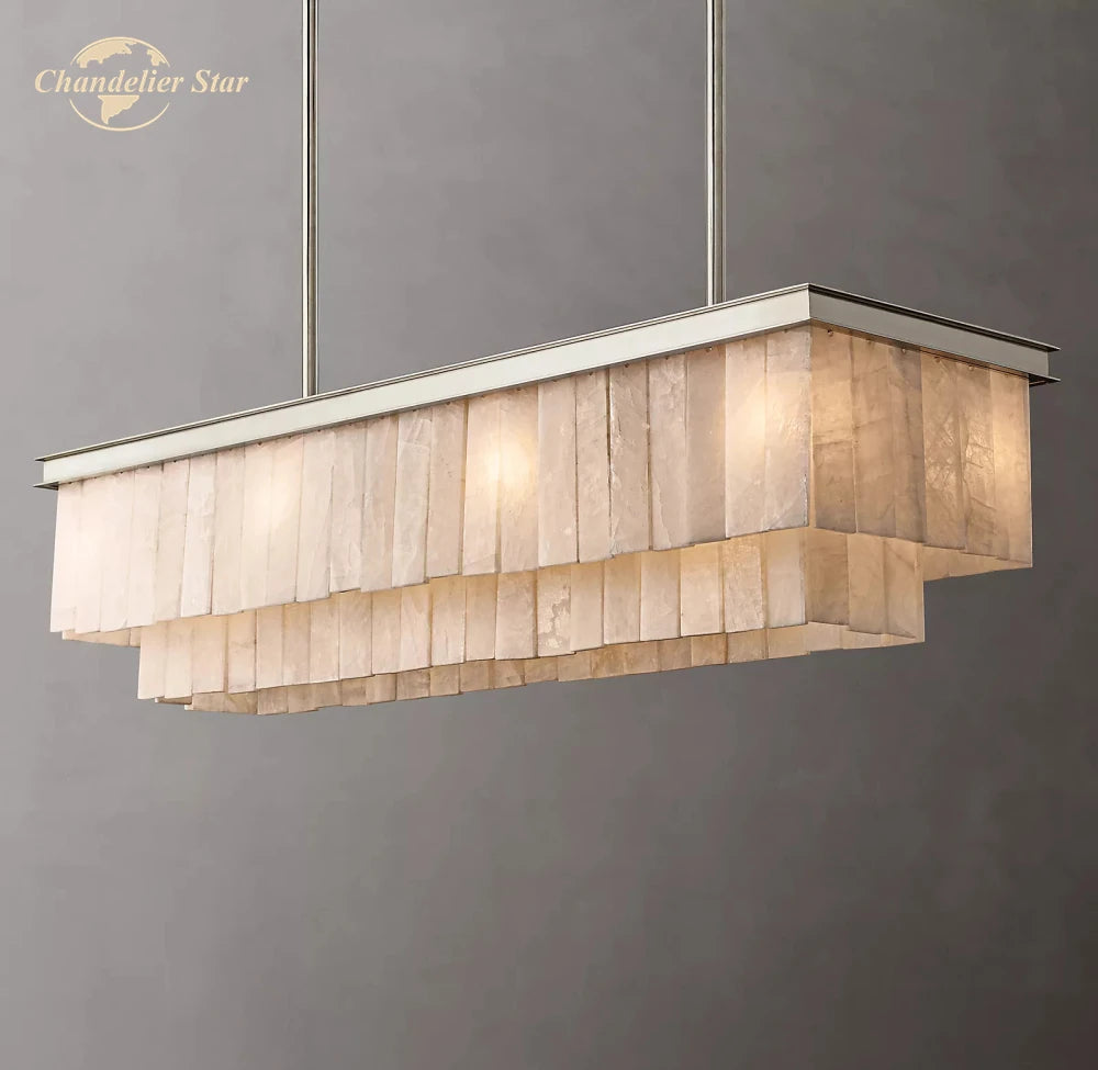 Glace Calcite Rectangular Chandeliers Modern Retro LED Marble Stone Metal 2 Tiers Lamps Lustre Dining Room Living Room Lights