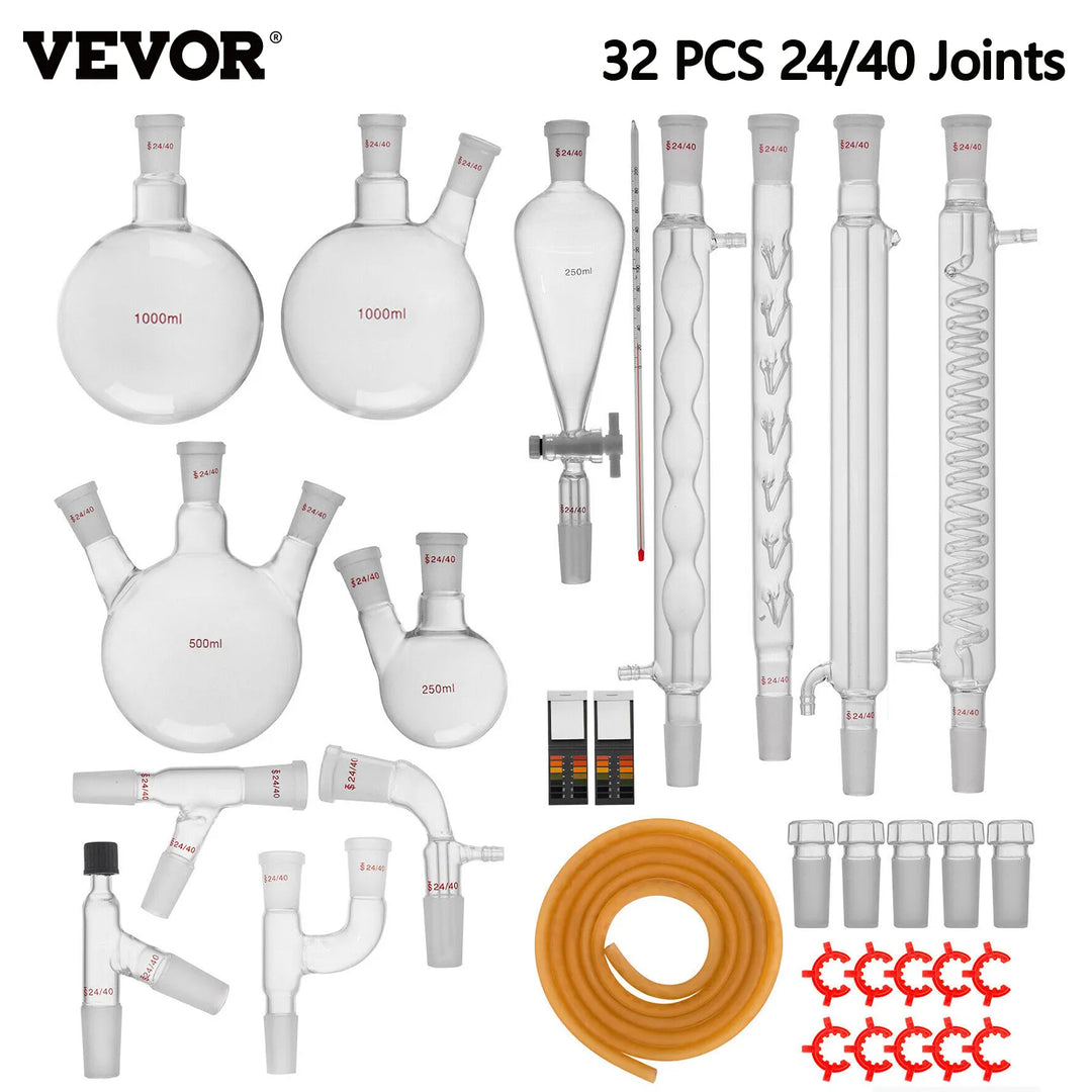 VEVOR 13/29/32 PCS Laboratory Glassware Chemistry Kit Distiller 24/40 Joints Flask Mortar and Pestle School Supplies Equipment