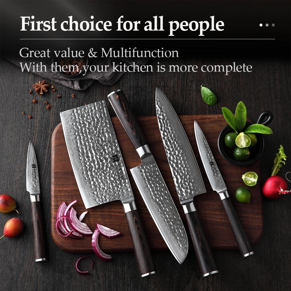 XINZUO Professional Damascus Steel 6PCS Knife Sets Wooden Stand Chef Santoku Utility Fruit Cleaver Magnet Knife Holder Block