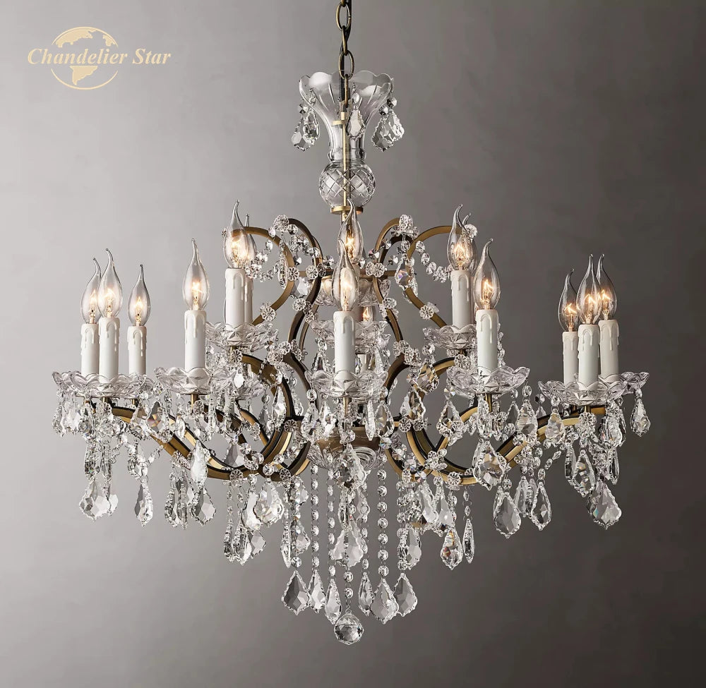 19th C. Rococo Iron & Crystal Round Chandeliers Modern LED White Brass Candle Metal Lamp Bedroom Living Room Dining Room Lights