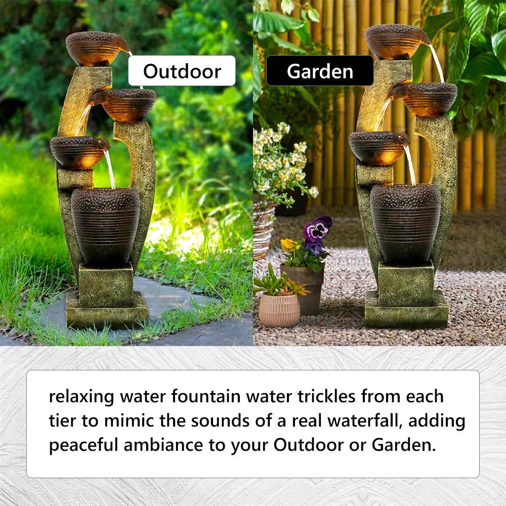 2024 New 40” H Modern Outdoor Fountain - 4 Crocks Outdoor Garden Fountains with Contemporary Design&LED Light