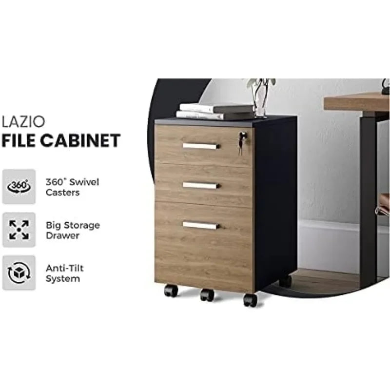 Lazio File Cabinet with Lock - Filing Cabinet for Home and Office - 3 Drawer Small Rolling File Cabinet -Wood Printer Stand