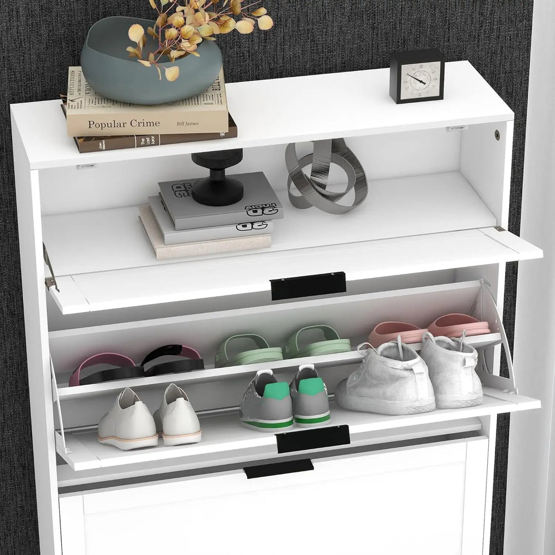 Wooden White Hidden Shoe Cabinet Entryway Shoe Storage Cabinet Narrow Shoe Cabinet Free Standing 9.5"D x 31.5"W x 47.8"H