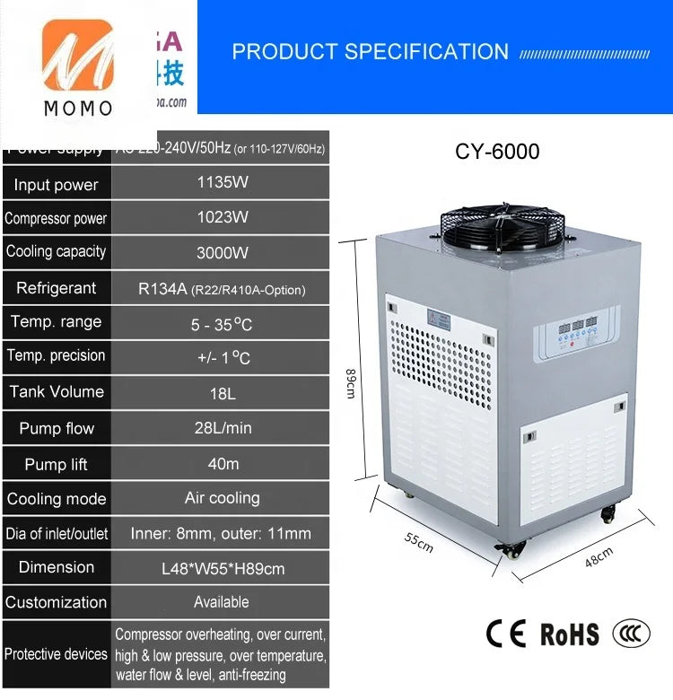 CW6000 1HP water chiller aquarium 3000W High efficiency cooling industrial air cooled water chiller