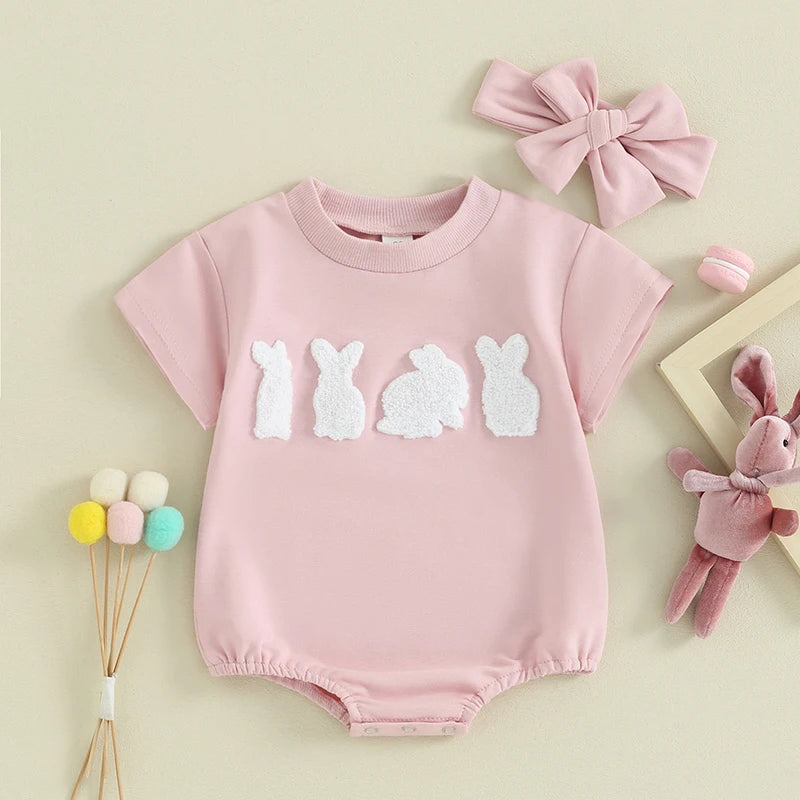 2024-01-09 Lioraitiin Newborn Baby Girls Easter Outfits Short Sleeve Bunny Bubble Romper Embroidery Clothes With Headband