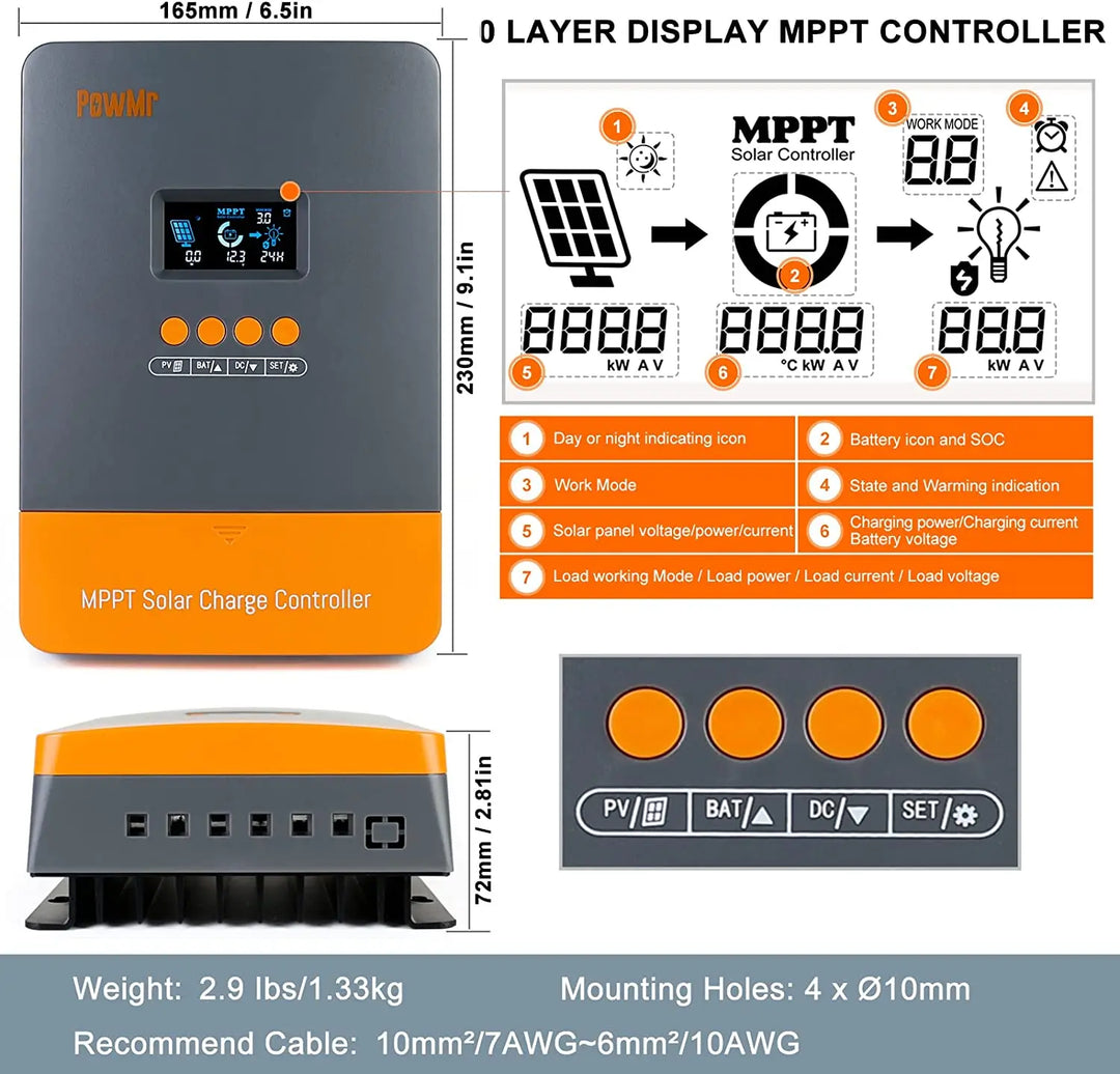 PowMr MPPT 60A Solar Charger Controller 12V 24V 36V 48V Auto Lifepo4 Battery Charger Solar Panel Regulator Max PV Input 160VDC