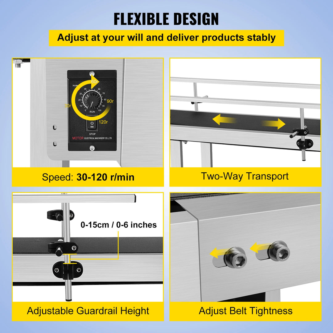 VEVOR 150 CM PVC Conveyor Belt Machine 59''x 7.8'' With Stainless Steel Adjustable Guardrail for Automatic Electrical Industrial