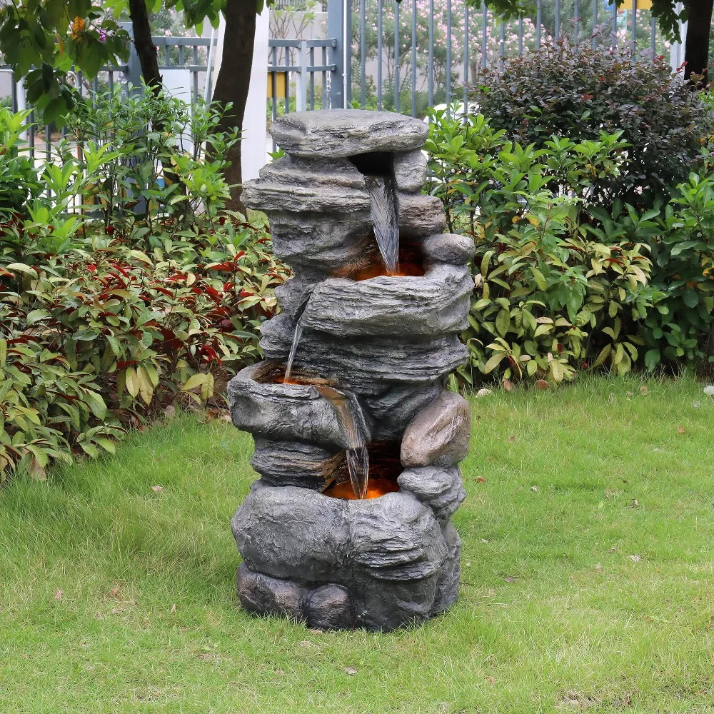 2024 New Cascading Bowls and Stacked Stones LED Outdoor Water Fountain for Gardens