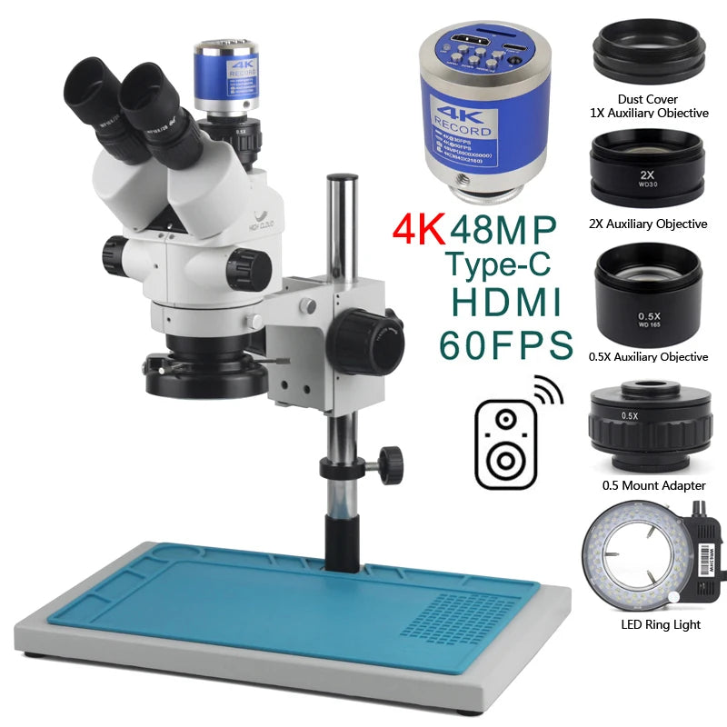 3.5-90X Zoom Trinocular Stereo Microscope Set + 2K 4K 48MP 55MP HDMI USB Pype-C VGA  TF Video Camera + Auxiliary Objective Lens