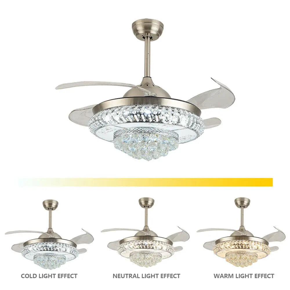 36/42 inch Modern Retractable Crystal Ceiling Fan Light and Remote Control LED Ceiling Light Chandelier Ceiling Fan Lamp 3-Color