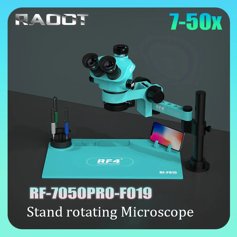 【2024 New】RF4 7050PRO-FO19 7-50 Zoom Magnification Microscope 360° Rotating Adjustable Swing Arm Metal Stand Mobile Microscope