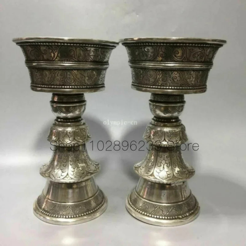 Pair 10&apos;&apos; copper silver plating carved tibetan buddhism butter lamp statue