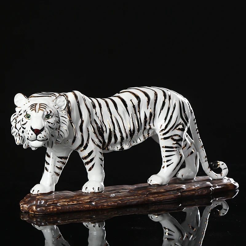 Handmade Porcelain White Tiger Sculpture Ceramic Tiger Statue Forest Beast Totem Ornament Home Decor Art Collection Craft Gift