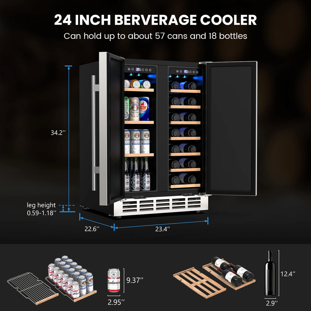 24 Inch Outdoor Wine and Beverage Refrigerator Dual Zone Wine Fridge Under Counter Wine Cooler Beer Fridge Built-In Freestanding