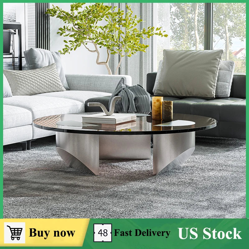 Wedge Coffee Table Tempered Glass Household Minimalist Stainless Steel round Tea Table Side Table for Living Room Bedroom Office