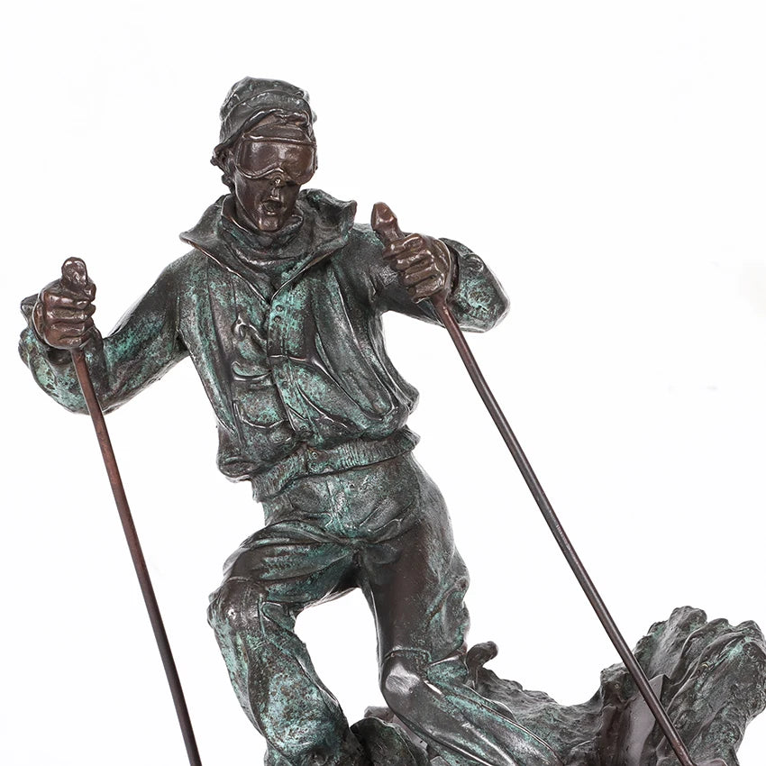 27cm Bronze Skier Statue Figurine Sport Man Sculpture Green Home Office Tabletop Decor