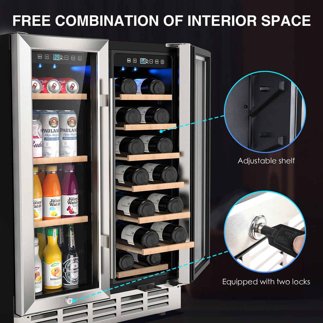 Wine and Beverage Refrigerator 24 Inch Dual Zone Wine Fridge with  Safety Locks Under Counter Wine Cooler Beer Fridge 20 Bottles