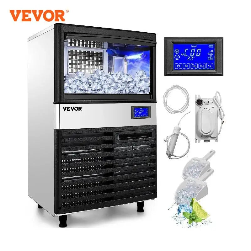 VEVOR Commercial Cube Ice Maker with Water Drain Pump 50/60/70 KG/24H Freestanding LCD Touch Screen Liquid Freezer Ice Machine