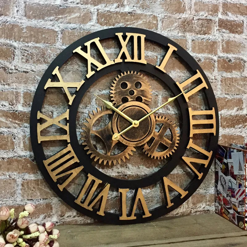 European silent retro creative clock Digital art wall clock Living room personality Industrial wind gear wall hanging clock