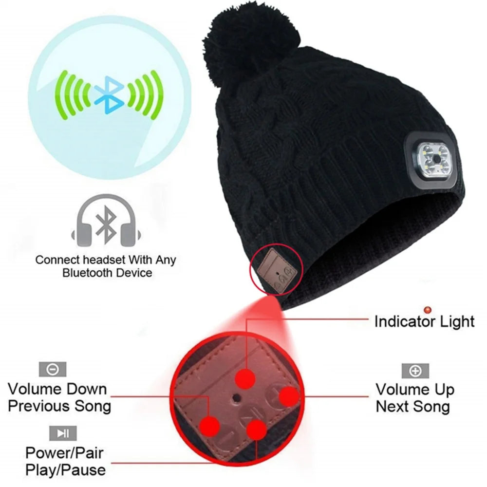 Wireless Bluetooth-compatible Smart Music Cap Headphone Winter Knitted Beanie Hat with 5 Mode LED Light With Speakers&Mic Earbud