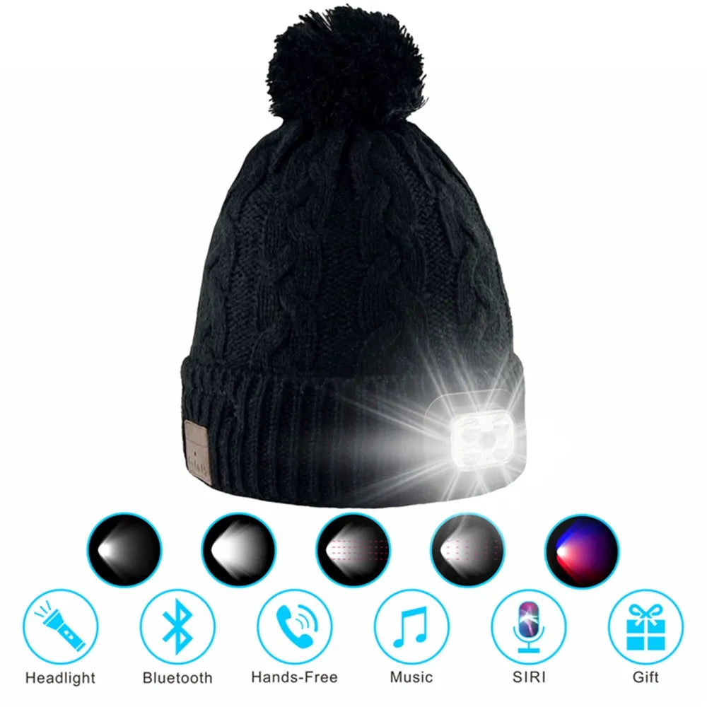 Wireless Bluetooth-compatible Smart Music Cap Headphone Winter Knitted Beanie Hat with 5 Mode LED Light With Speakers&Mic Earbud