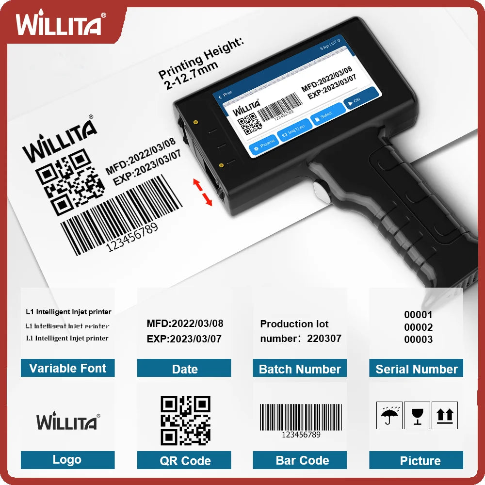 Willita 12.7mm Label Printer Handheld Inkjet Printer QR Bar Batch Code Date Number Logo Expiry Date Coding Machine For Glass