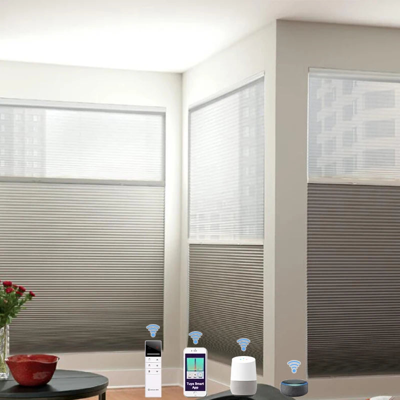 Customize Smart Motorized Double Cellular Shade, Blackout Automatic Day And Night Honeycomb Window Blinds  with Remote Control