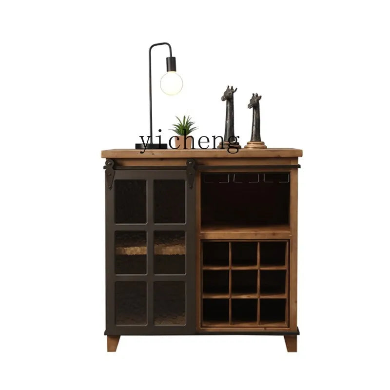 Yy American Country Retro Industrial Style Sideboard Cabinet Solid Wood Multi-Functional Wine Cabinet Modern Iron Art