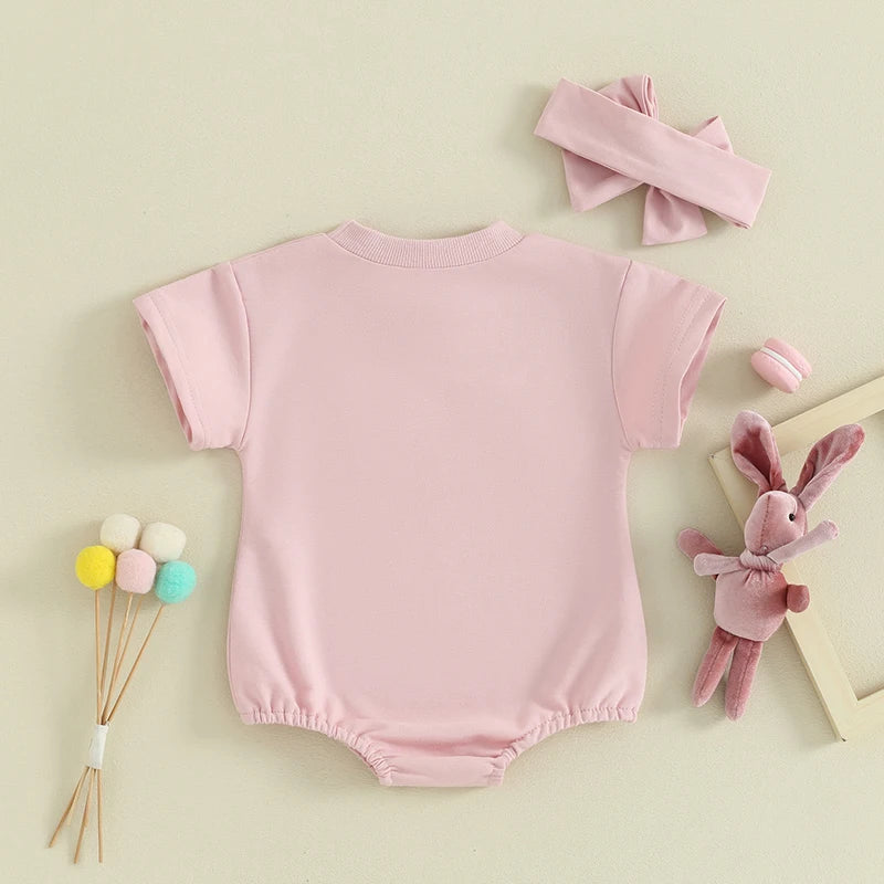 2024-01-09 Lioraitiin Newborn Baby Girls Easter Outfits Short Sleeve Bunny Bubble Romper Embroidery Clothes With Headband