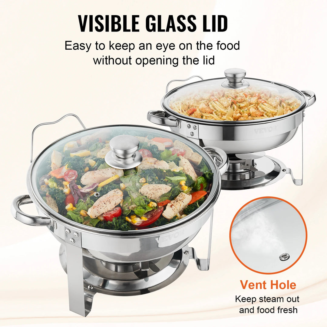 VEVOR 4QT 2-Pack Round Chafing Dish Set Stainless Steel Buffet Chafer with Full Size Pan Glass Lid  Fuel Holder Catering Warmer