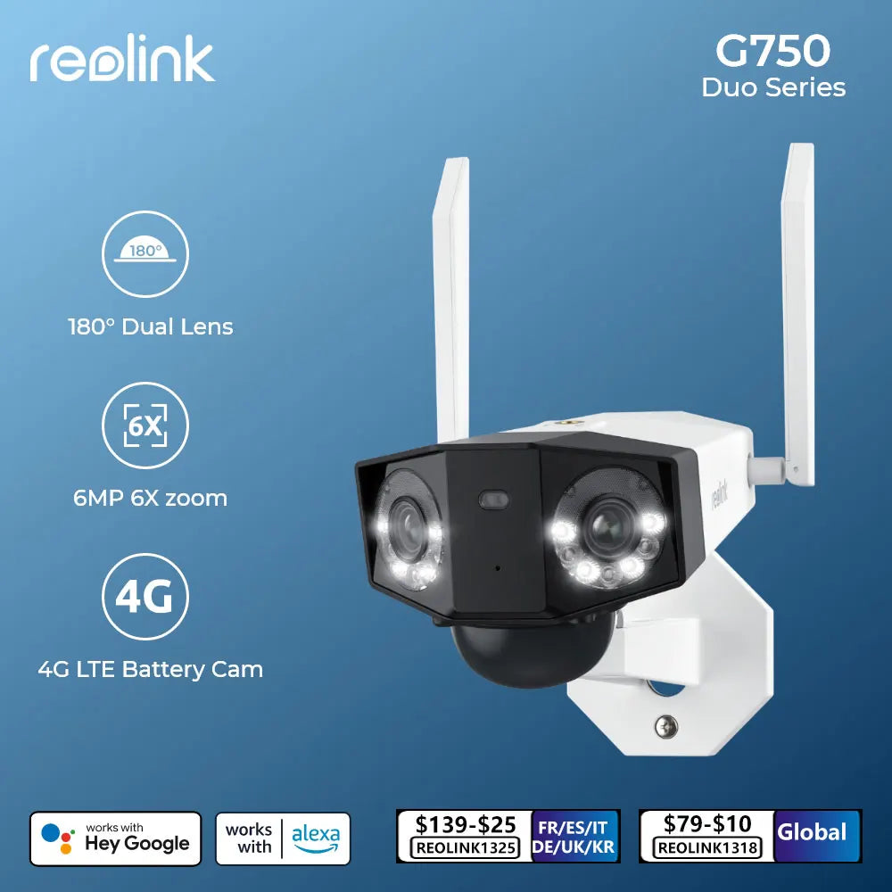 Reolink 6MP Duo 2 4G Sim Card Battery Camera Dual Lens Solar Security Wireless Outdoor Camera G750 180° Panorama Smart Home