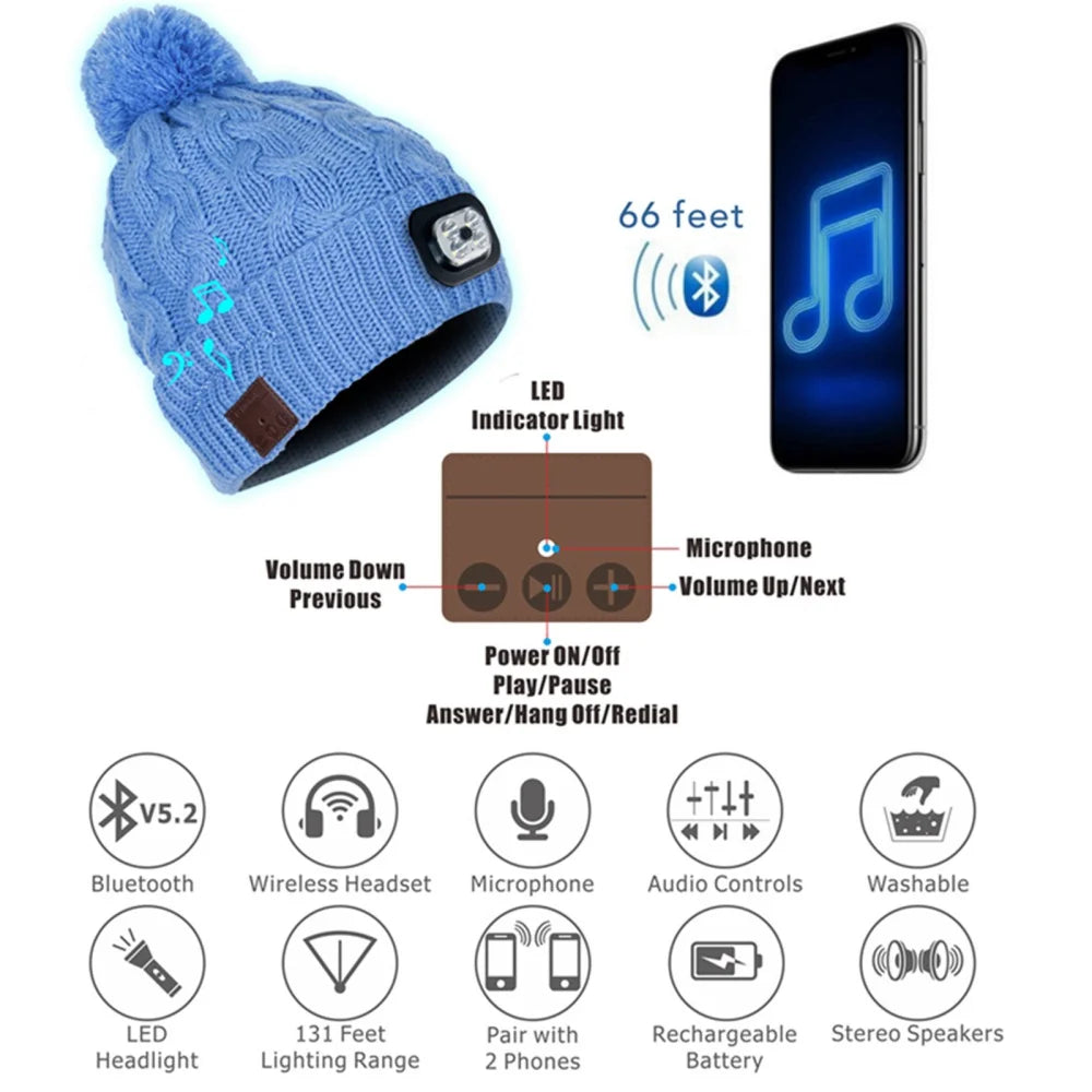 Wireless Bluetooth-compatible Smart Music Cap Headphone Winter Knitted Beanie Hat with 5 Mode LED Light With Speakers&Mic Earbud