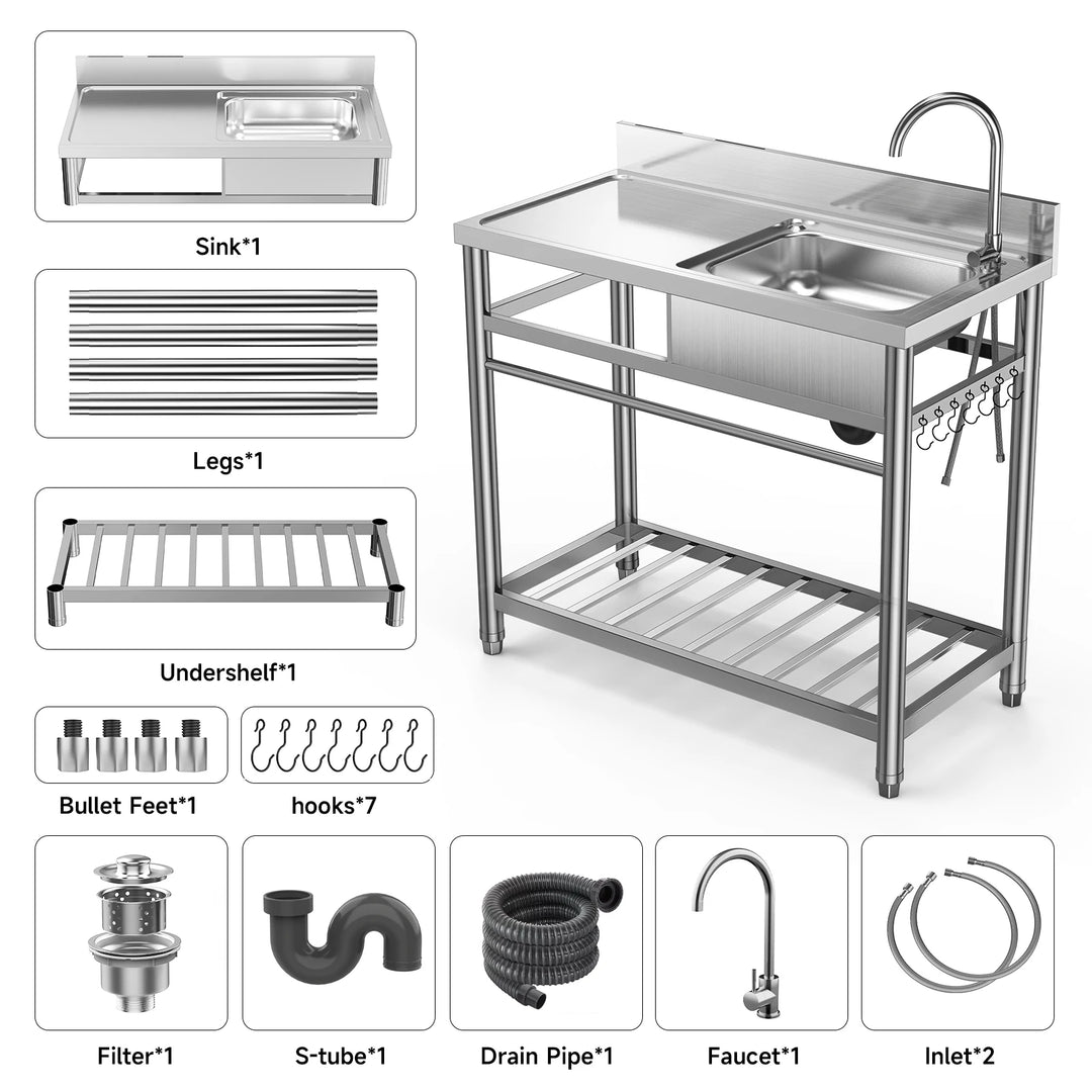 Stainless Steel Utility Sink Single Bowl Restaurant Utility Sink Commercial Kitchen Sink with Water Pipe Faucet and Laundry Tub