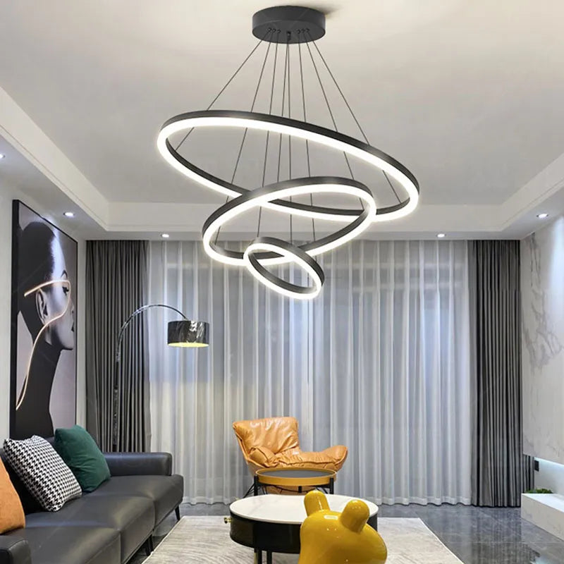 Modern Style Black Ring LED Pendant Lamp For Living Room Bedroom Dining Room Kitchen Ceiling Chandelier Design Suspension Light